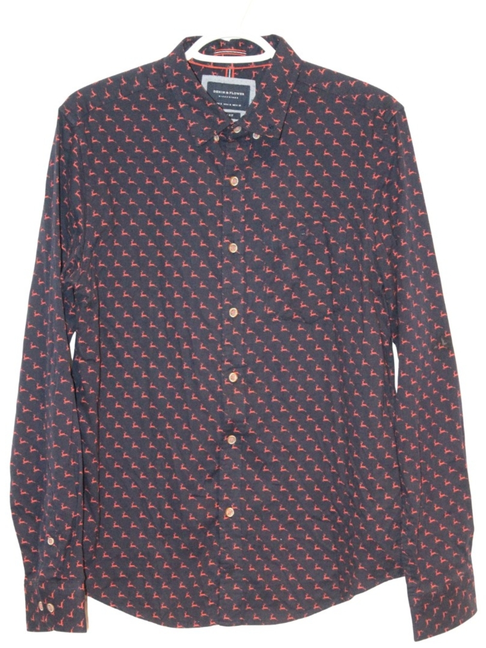 Denim & Flower Blue with Red Deer Pattern Dress Shirt Size S (Slim Fit)